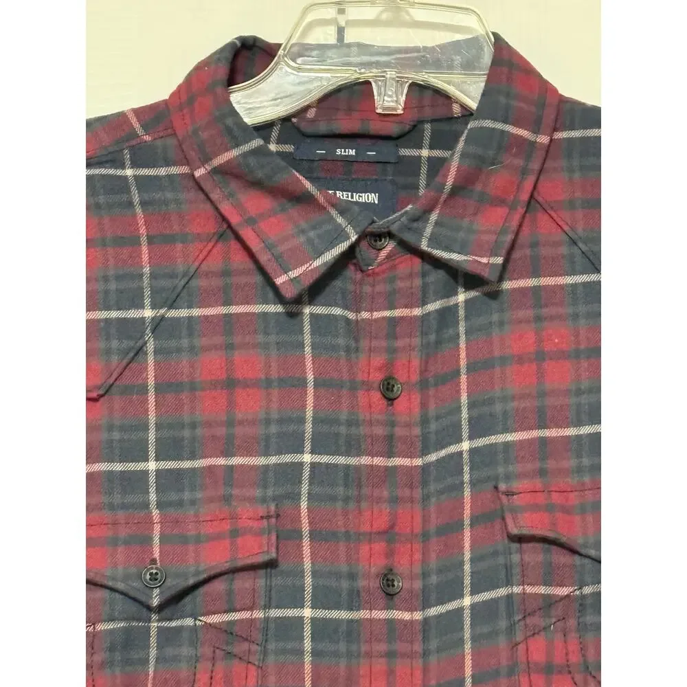 Men's True Religion Flannel Plaid Button Up Western Shirt, Size L